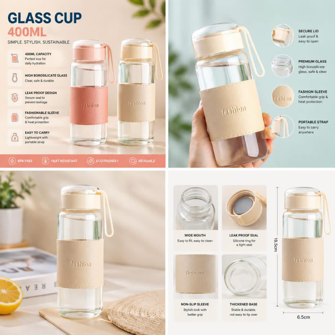 Housential 400ml Glass Bottle & Cup Set (Box Packing)