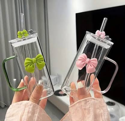 Clear Bow Glass With Lid And Straw