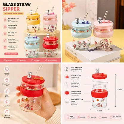 Housential Cute Bear Glass Sipper (Box Packing)