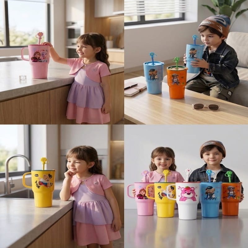 Cute Character Tumbler with Straw & Straw Cover