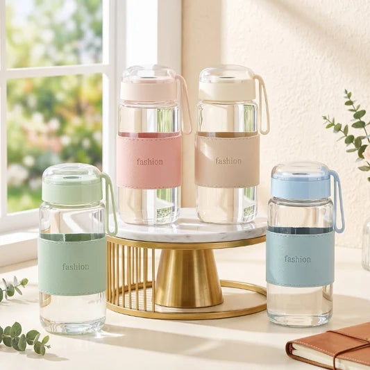 Housential 400ml Glass Bottle & Cup Set (Box Packing)