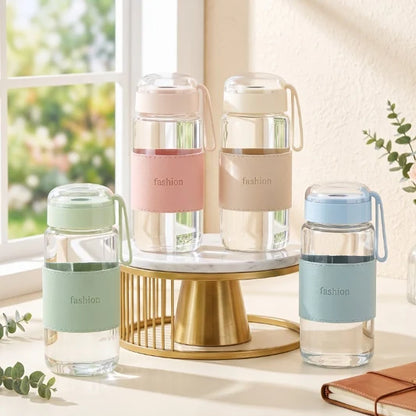 Housential 400ml Glass Bottle & Cup Set (Box Packing)