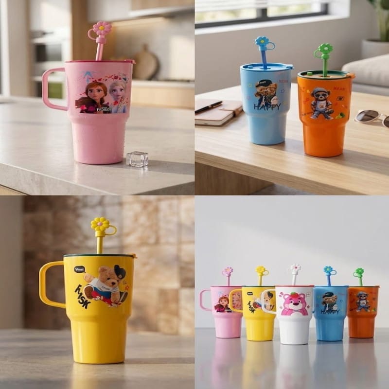 Cute Character Tumbler with Straw & Straw Cover