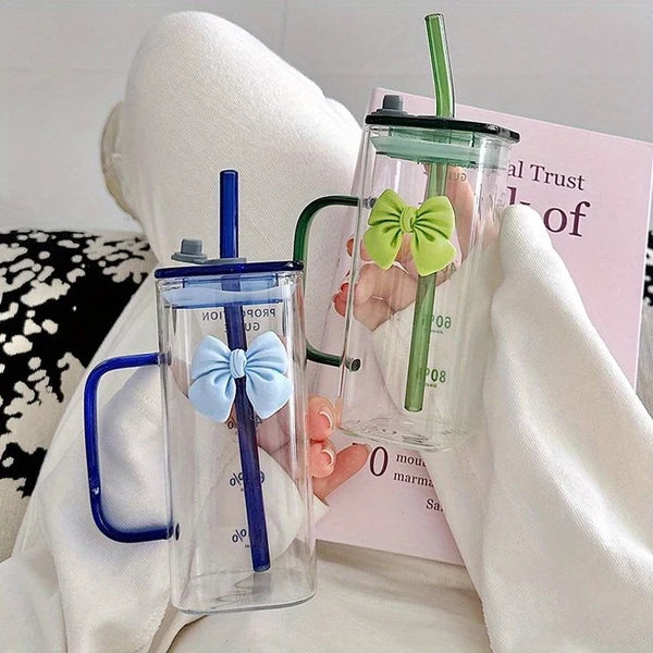Clear Bow Glass With Lid And Straw