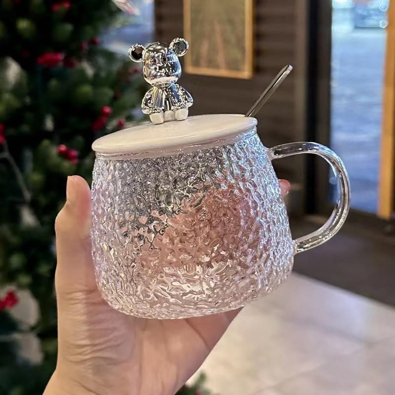 Cute Bear Glass Mug with Lid & Spoon – Tea & Coffee Cup