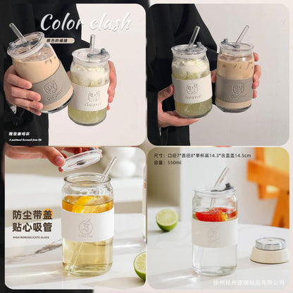 Housentia Elegant Ribbed Ice Coffee Glass Mug with Lid & Straw – 550ml