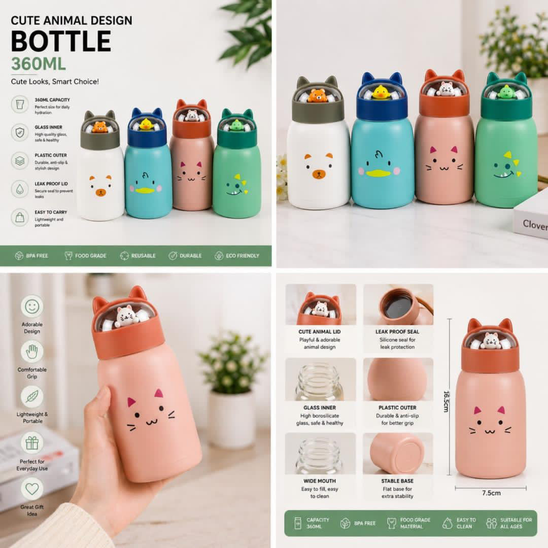 Housentia 360ml Animal-Design Water Bottle | Cute Kids & Travel Bottle
