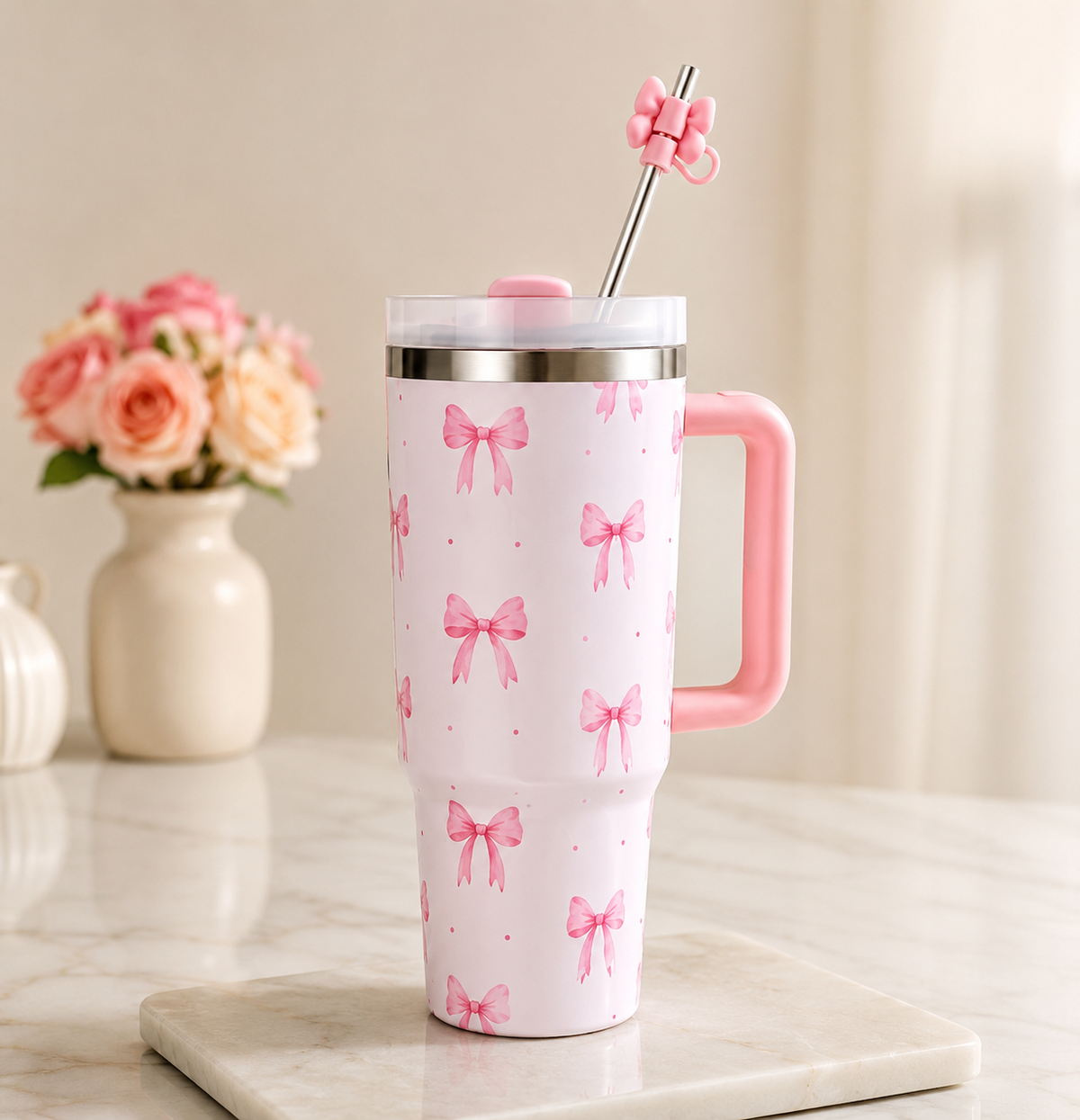 Housentia 1200ml Bow Design Vacuum Insulated Tumbler with Steel Straw