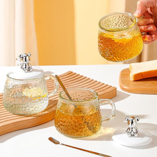 Cute Bear Glass Mug with Lid & Spoon – Tea & Coffee Cup