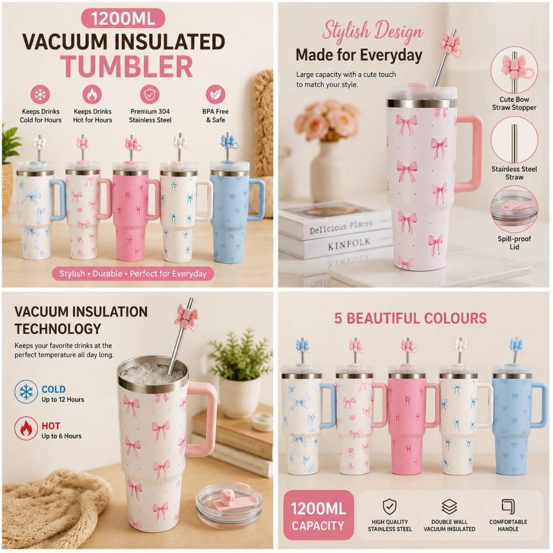 Housentia 1200ml Bow Design Vacuum Insulated Tumbler with Steel Straw